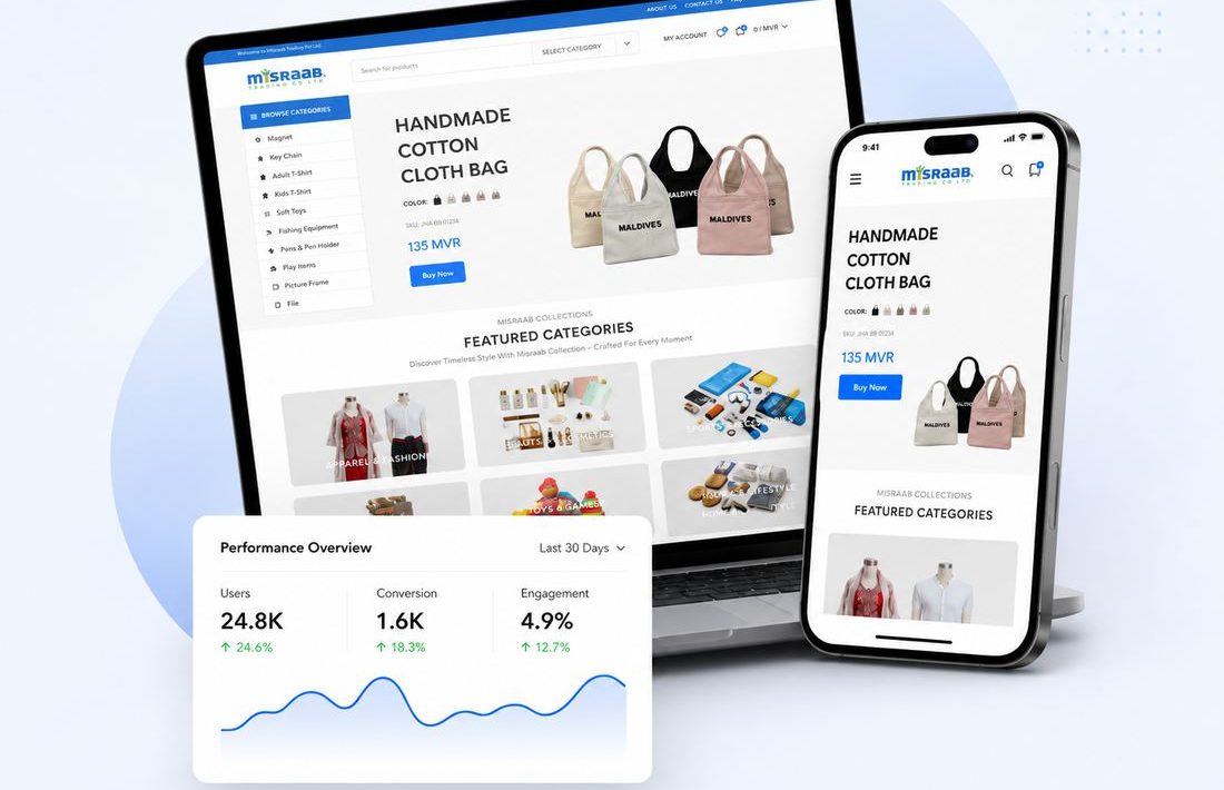 Featured client project — Misraab Trading e-commerce website shown on laptop and phone